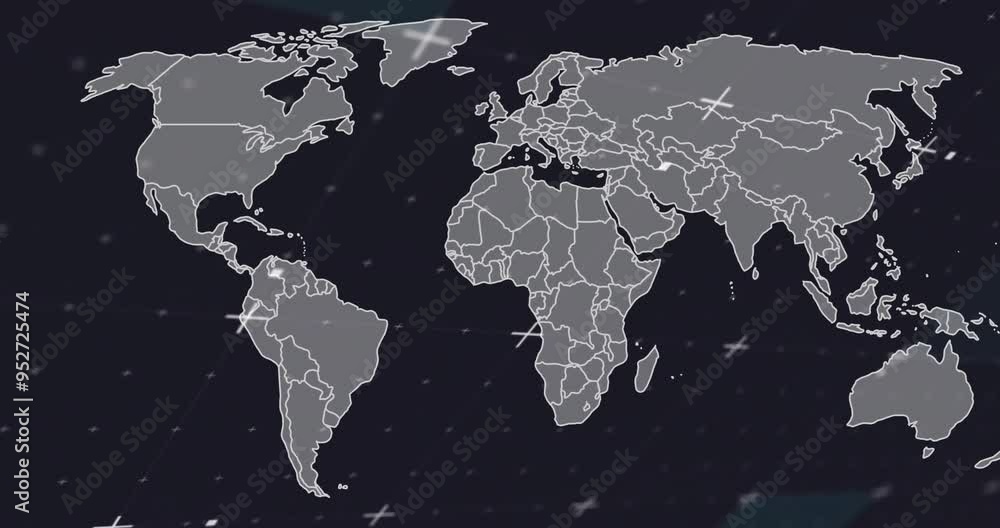 Poster world map with data points and connections animation over dark background