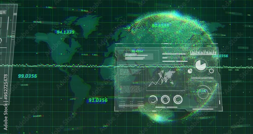 Poster global data analytics and statistics animation over world map and digital grid