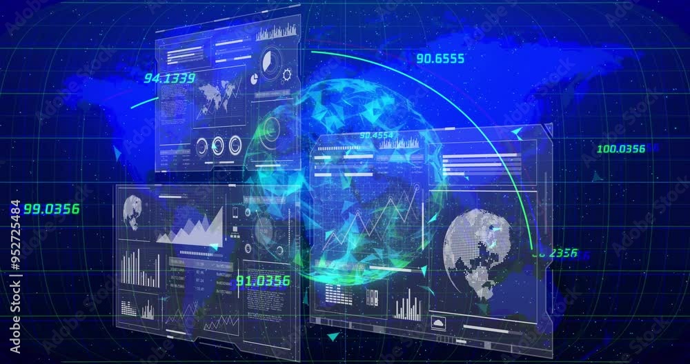 Poster Digital data analytics and global network animation over financial graphs and charts