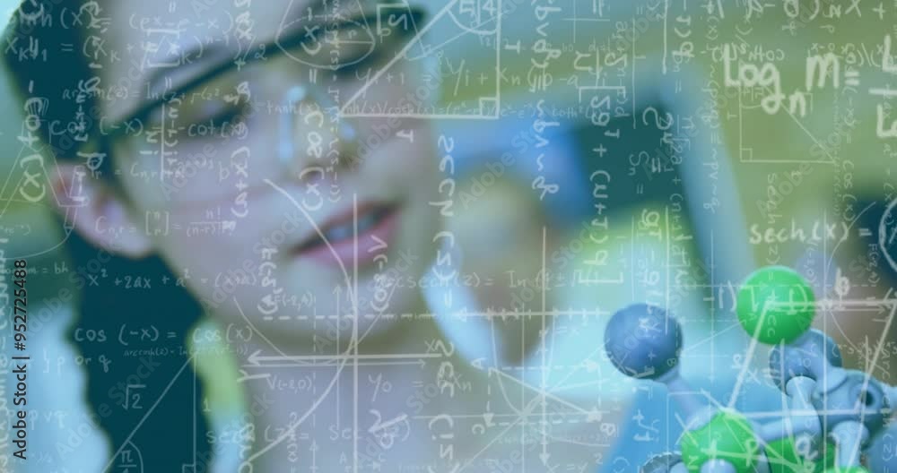 Poster mathematical equations and formulas animation over person working in laboratory