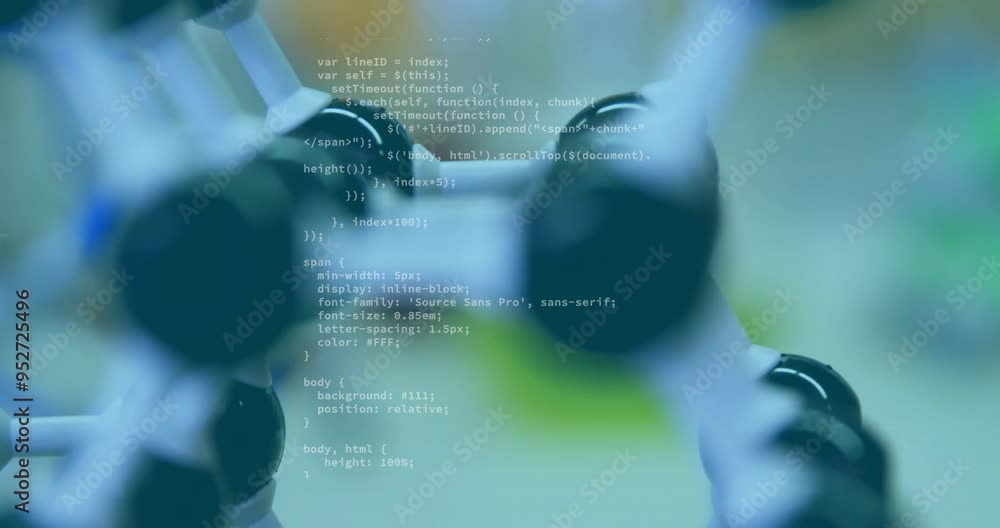 Poster programming code animation over blurred molecular structure in scientific background