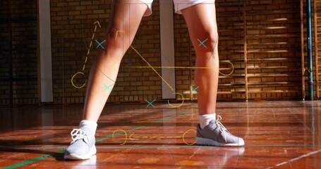 Basketball strategy animation over player dribbling on indoor court