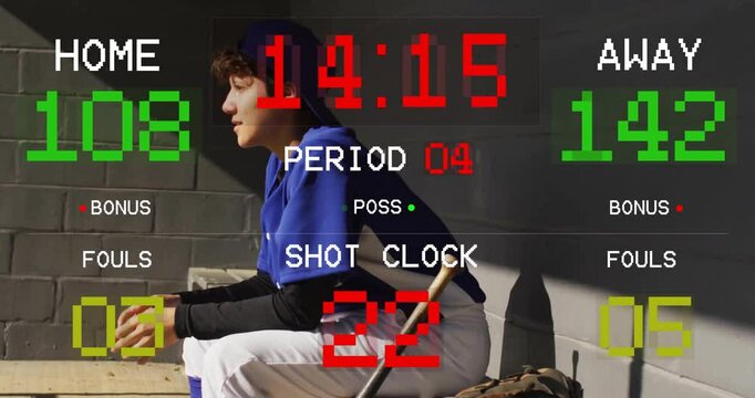 Scoreboard animation over baseball player sitting in dugout with bat and glove