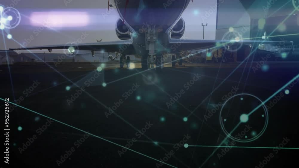 Poster network of connections and data processing animation over airplane in hangar