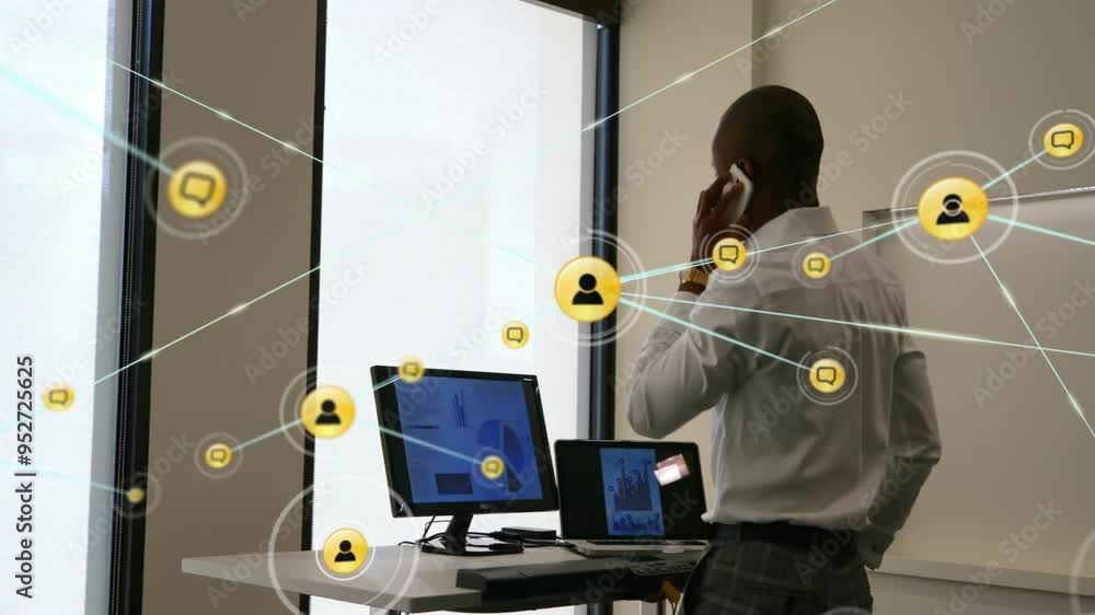 Poster networking and communication icons animation over businessperson using multiple devices in office