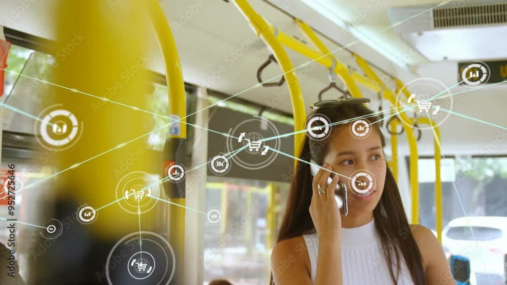 Poster network of connections and data processing animation over woman talking on smartphone in bus