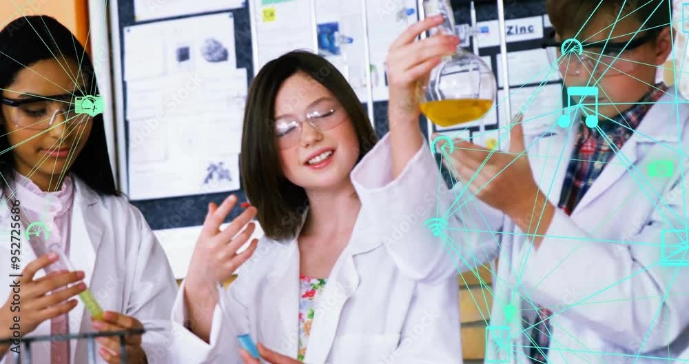 Poster students in lab coats conducting experiments with scientific data animation over them