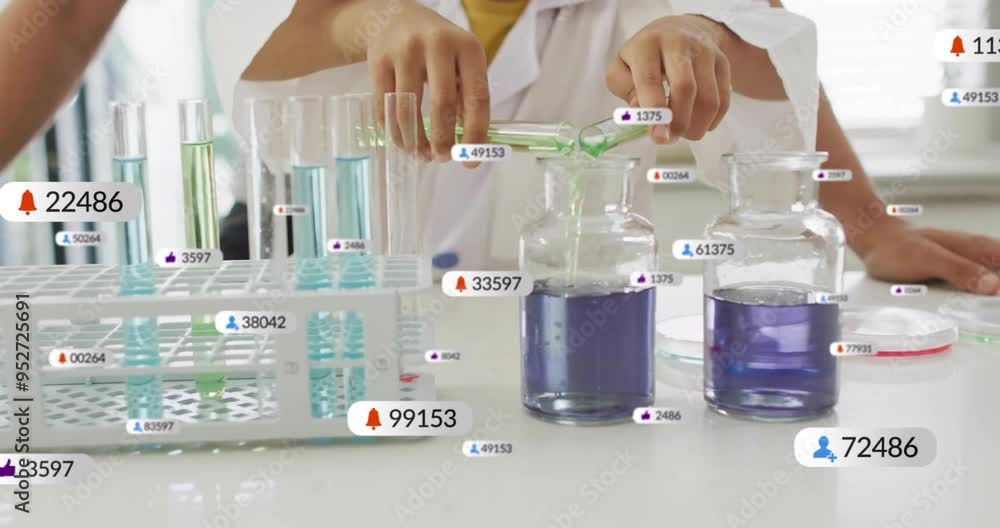 Poster pouring liquid into beaker, scientist with data processing animation over laboratory scene