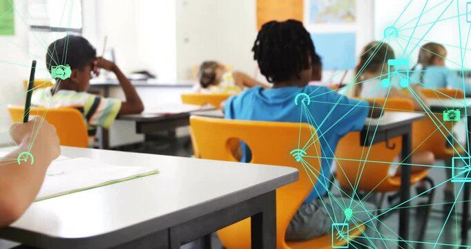 Network of connections and data processing animation over students in classroom