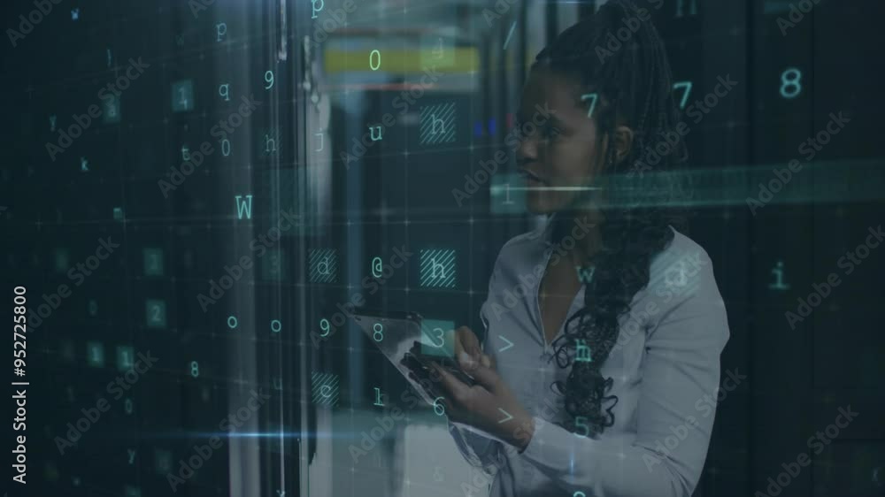 Poster warning text and numbers animation over woman using tablet in server room