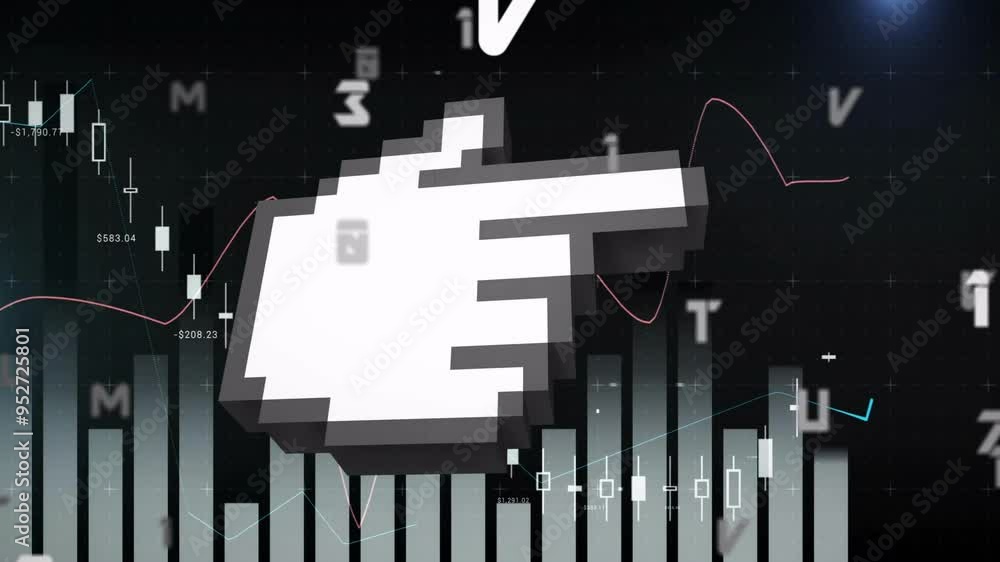 Poster pixelated hand cursor animation over financial chart with fluctuating data
