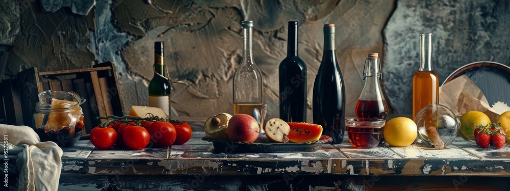 Wall mural rustic still life with fresh produce and wine bottles