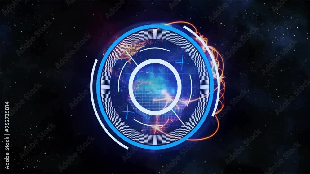  rotating globe with glowing lines and circular interface animation over space background