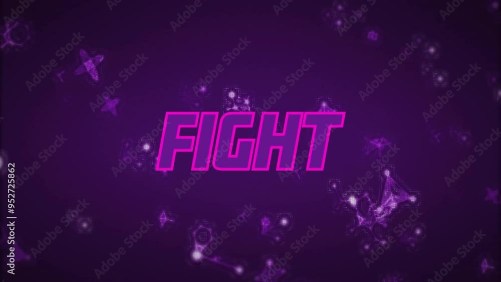 Poster fight text animation over purple background with abstract shapes and particles