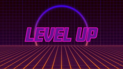 Level up text animation over neon grid background - Powered by Adobe