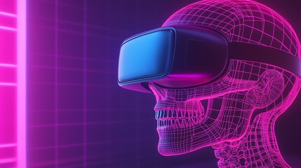 Futuristic wireframe skeleton wearing virtual reality headset, neon pink and blue colors, showcasing advanced technology and digital immersion.