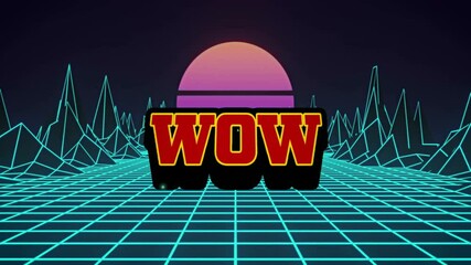 WOW text animation over retro-futuristic grid landscape with neon mountains - Powered by Adobe