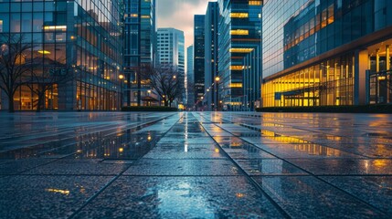 City plaza with no people and a backdrop of high-rise buildings and soft evening light