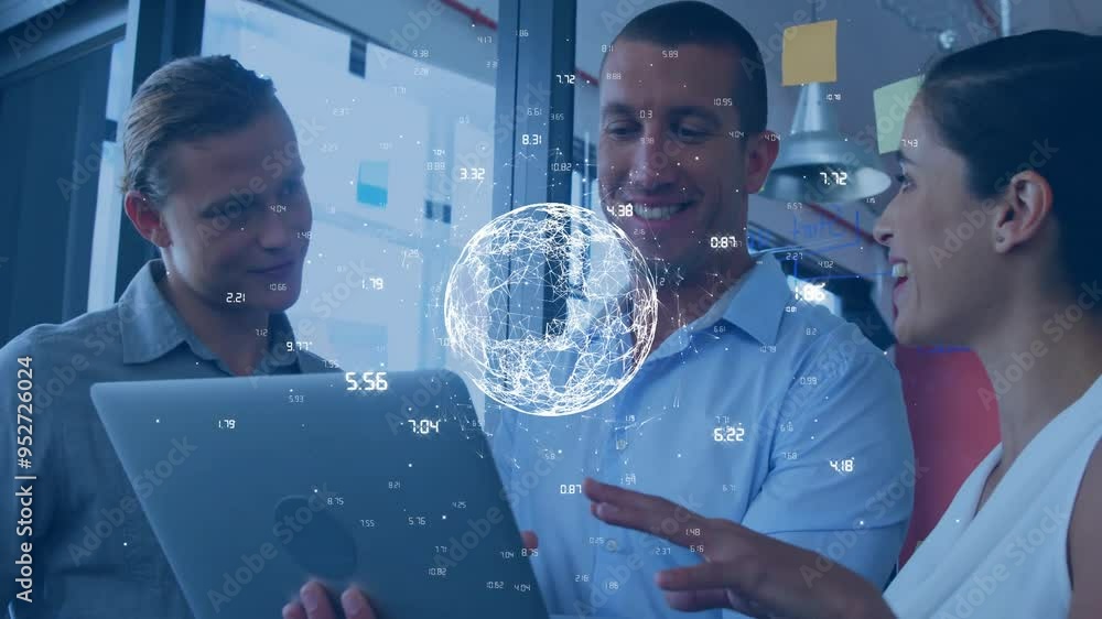 Aufkleber viewing tablet and discussing, business people with data processing animation over them