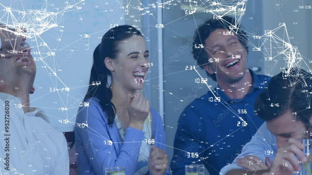 Aufkleber laughing people in office with network connections and data processing animation