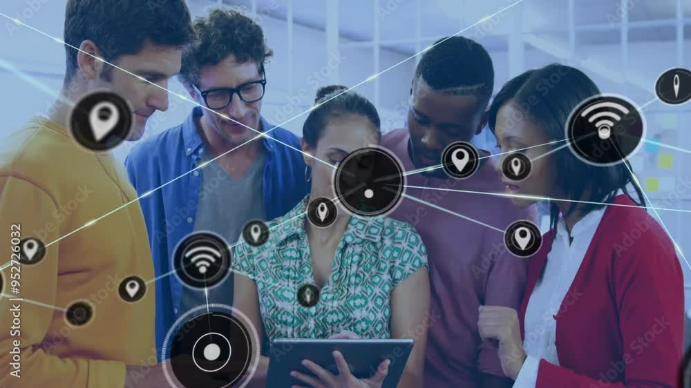 Poster network connectivity and data sharing animation over diverse group using tablet