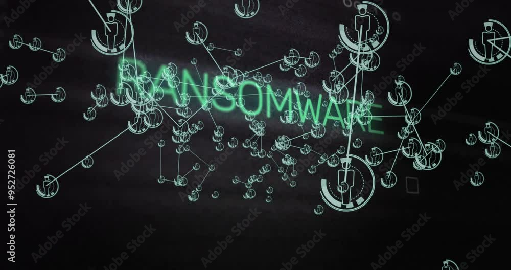 Poster ransomware text animation over interconnected digital network and data symbols