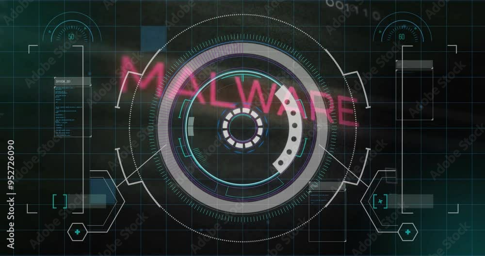 Poster malware text animation over digital interface with circular and grid elements