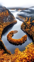 A winding river carves through a misty forest, creating a picturesque autumn scene.