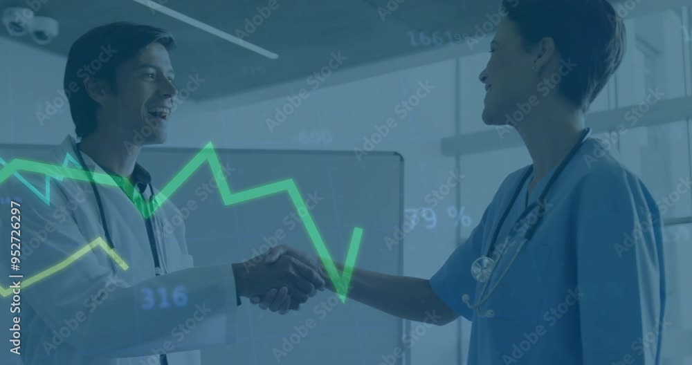 Poster Doctors shaking hands with medical data animation over them