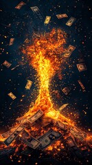 Dramatic image of burning money, symbolizing financial loss, debt, and economic crisis amidst a fiery explosion background.