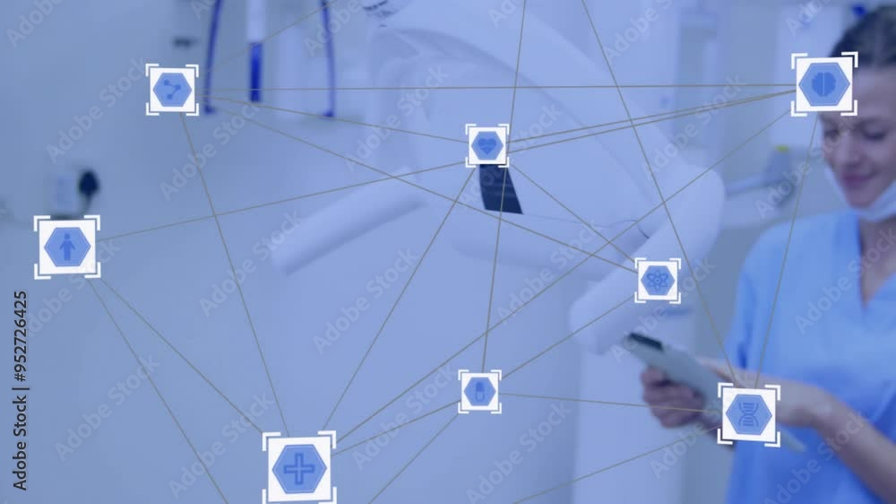 Poster medical network and data processing animation over healthcare professional using tablet