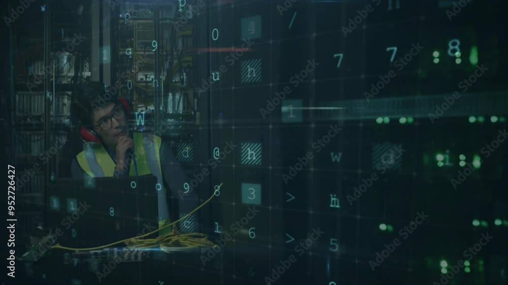 Aufkleber warning text animation over engineer working with cables in industrial setting