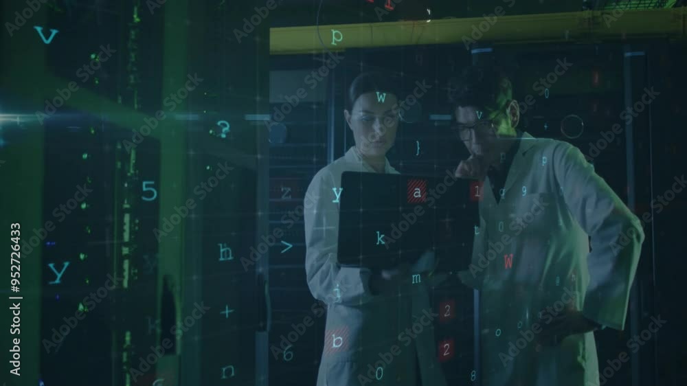 Aufkleber scientists analyzing data on laptop, cybersecurity warning animation over laboratory background