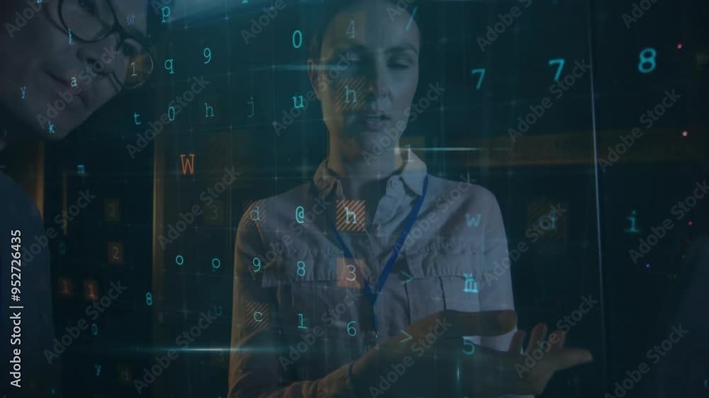 Poster warning text animation over two people in data center
