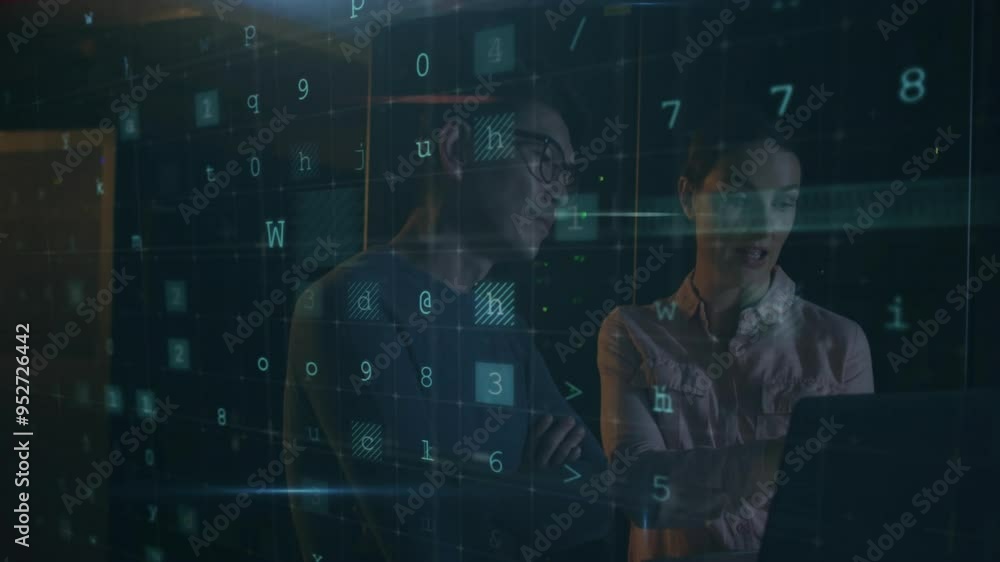 Poster warning text and numerical data animation over two people working on computer