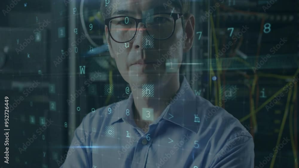 Poster warning text animation over man in server room with cables and equipment