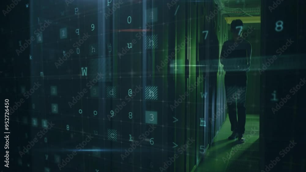 Poster warning text animation over person walking in data center with numbers