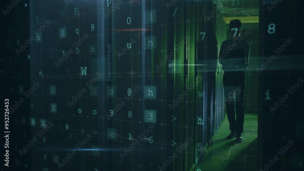 Poster warning text animation over person walking in dark server room