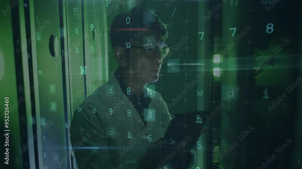Poster warning text animation over scientist working with tablet in data center