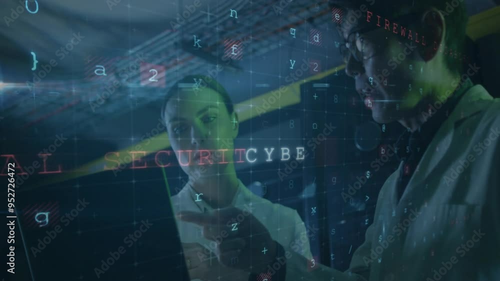 Poster cybersecurity threat detection animation over professionals analyzing data on screen