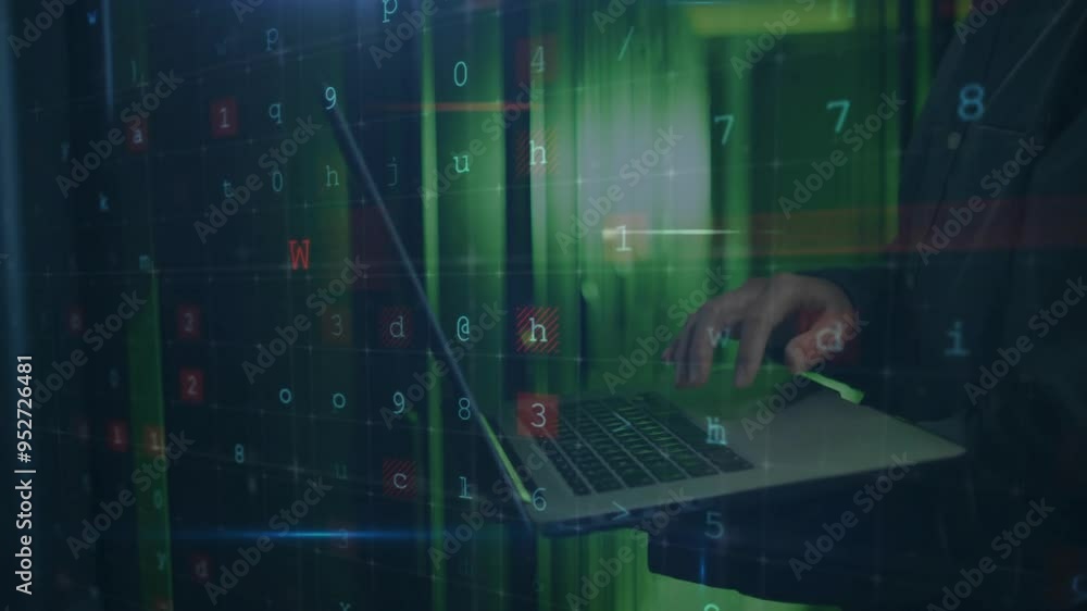 Poster typing on laptop, cybersecurity warning animation over green digital code background