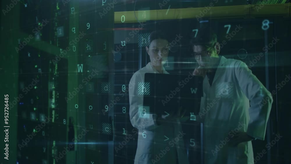 Poster warning text animation over scientists analyzing data on laptop