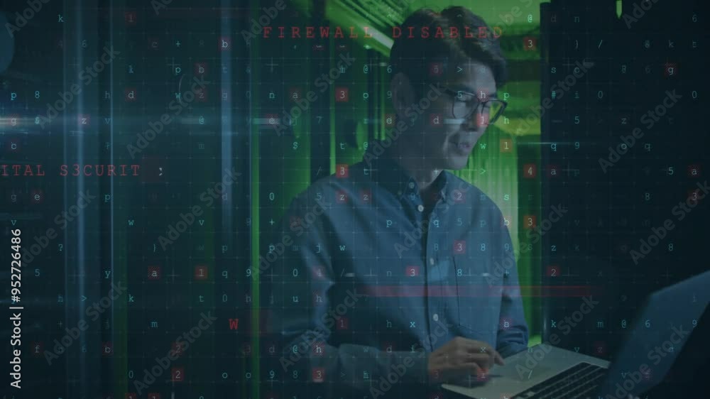 Poster cybersecurity threat detection animation over man working on laptop in server room