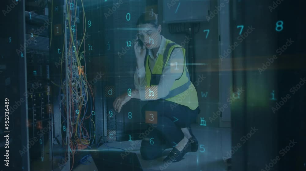 Poster technician working with cables and laptop, warning text animation over numbers