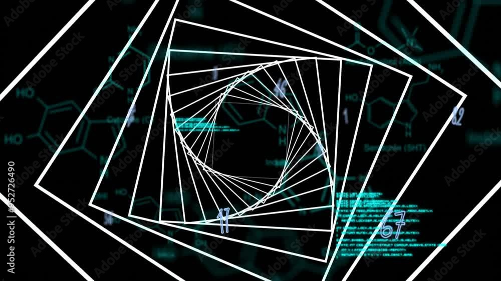 Poster geometric shapes spiraling over chemical formulas and data processing animation