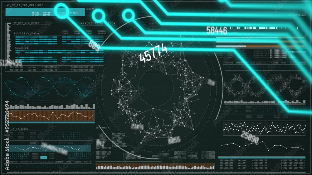 Poster digital data processing and circuit board animation over futuristic dashboard interface