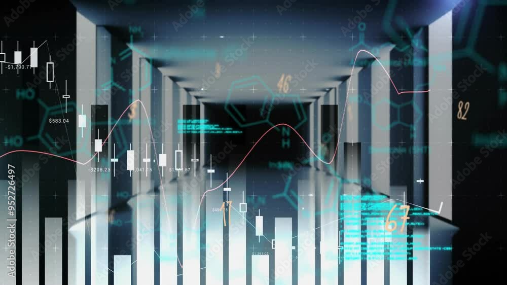 Aufkleber financial data charts and graphs animation over futuristic corridor background