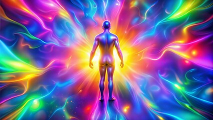 Aura energy background, Silhouette of a Person Absorbing Radiant Energy Against a Vivid, Multicolored Background
