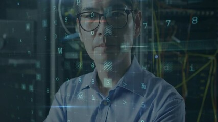 Warning text animation over man in server room with cables and equipment