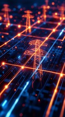 Fototapeta premium Futuristic digital grid with glowing power lines, representing intelligent energy networks, data communication, and technology infrastructure.